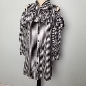 Gingham Cold Shoulder Ruffle Shirt Dress S
